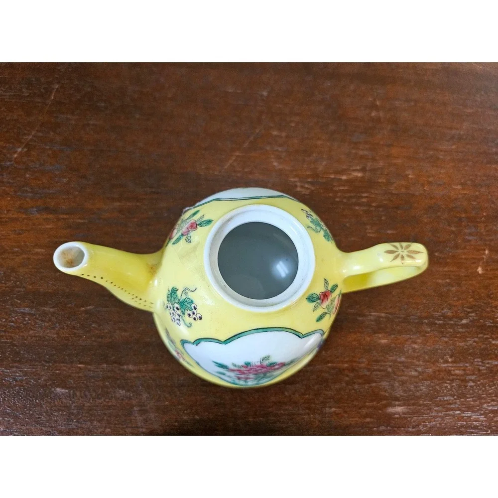 Hand Painted Canton Ware Tea Set Yellow Floral Porcelain 3pc Teapot Cup